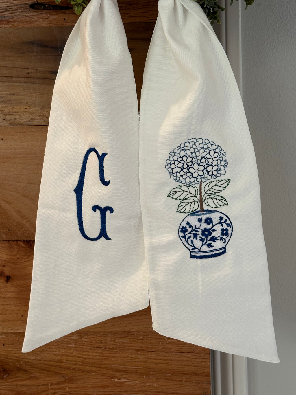 Blue & White Hydrangea Vase Wreath Sash