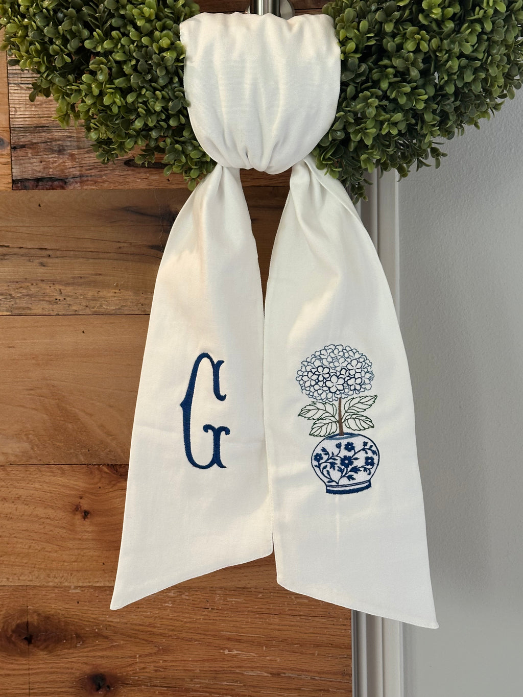 Blue & White Hydrangea Vase Wreath Sash