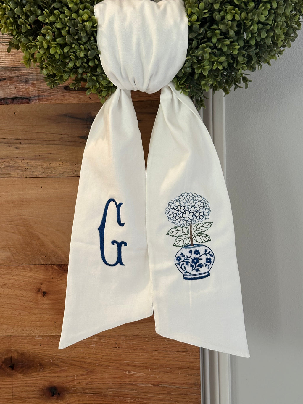 Blue & White Hydrangea Vase Wreath Sash