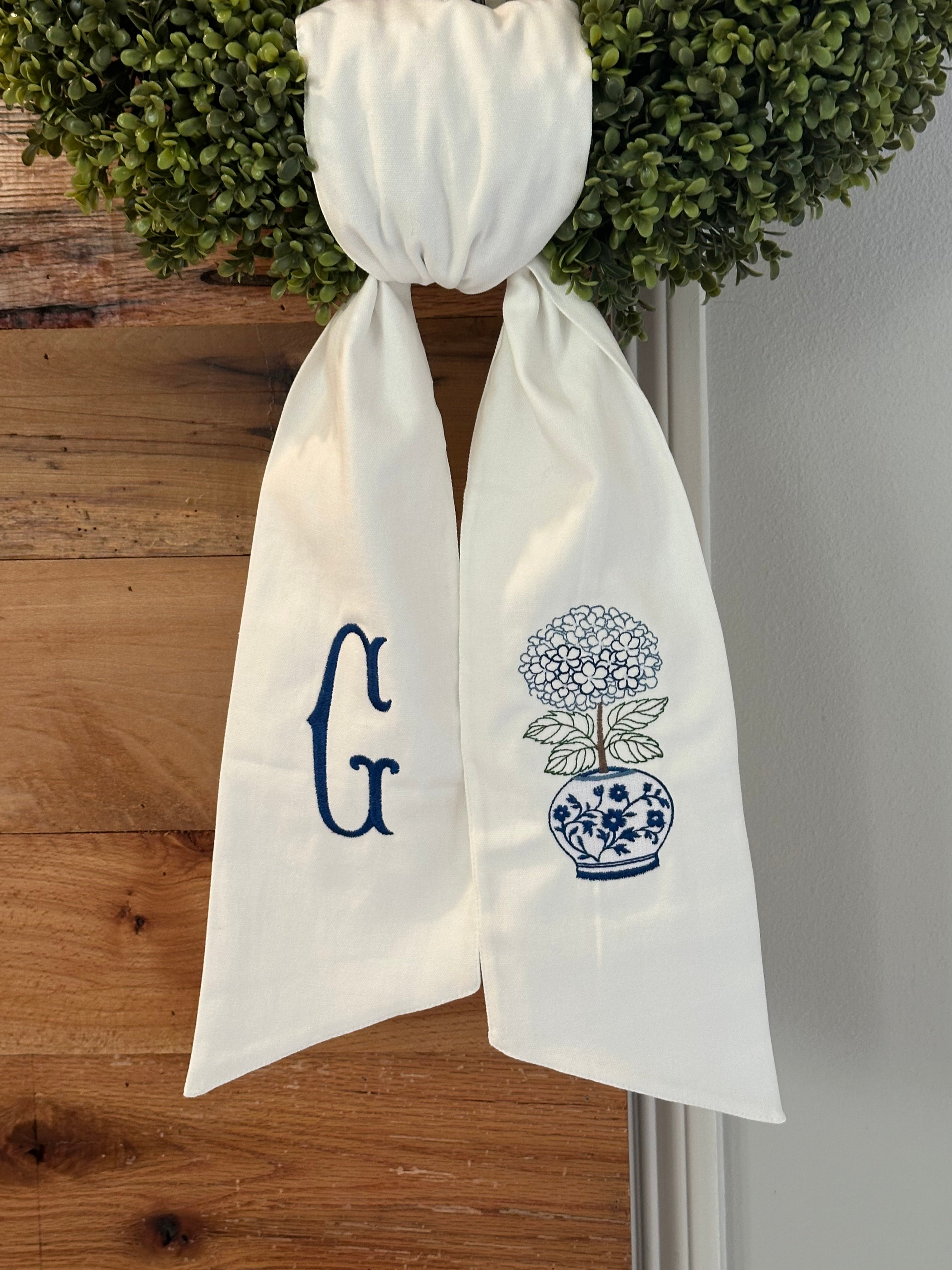 Blue & White Hydrangea Vase Wreath Sash